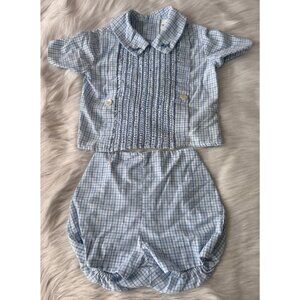 VTG Mothercare Blue & White Checked 2-Piece Baby Outfit Size 24 Mos Scottie Dogs
